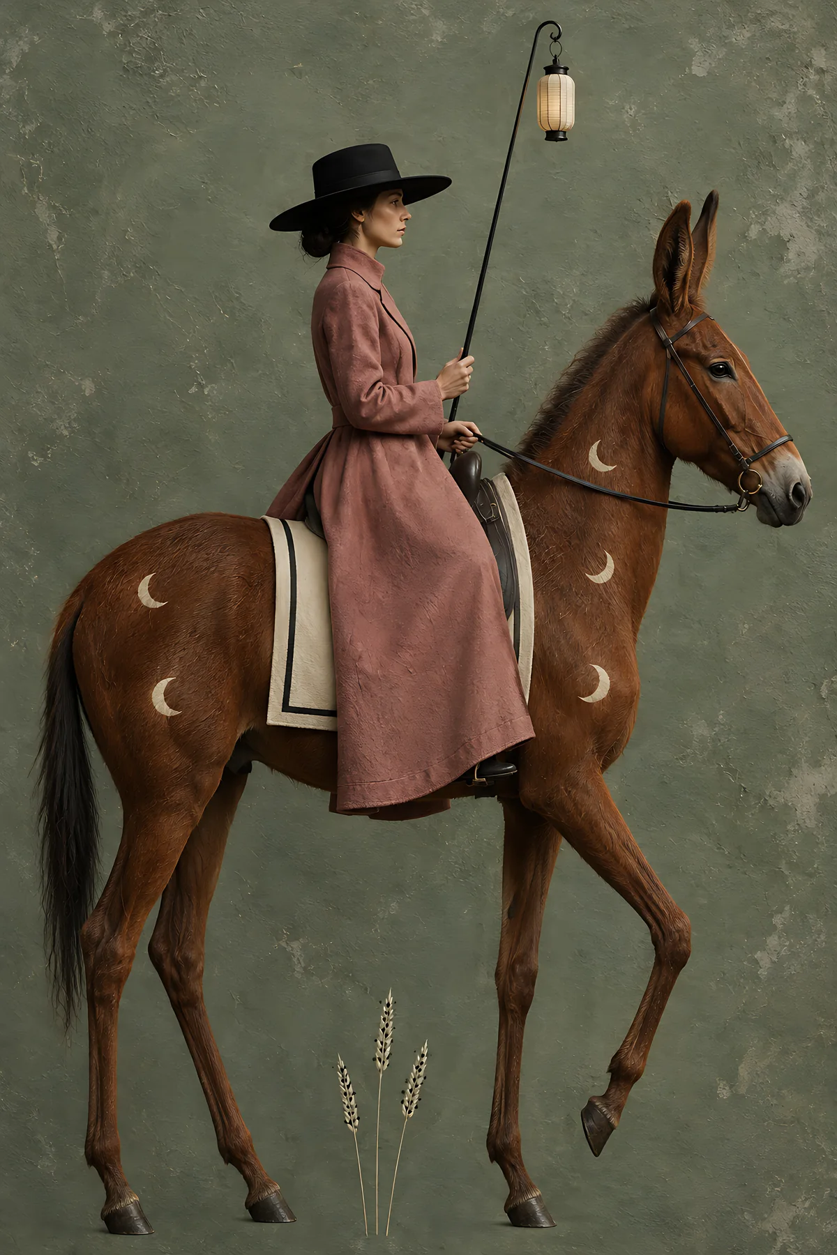 Chestnut Mule, Lantern: A chestnut mule mid-step, long ears up, the rider and lantern facing right, a paper lantern glowing.