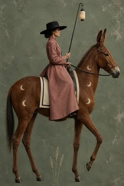 Chestnut Mule, Lantern, A chestnut mule mid-step, long ears up, the rider and lantern facing right, a paper lantern glowing.