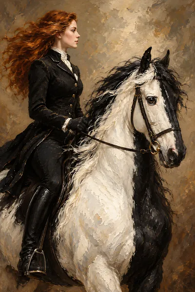 Copper and Piebald, A red-haired rider in black on the same piebald horse, her hair caught by the wind, in the look of heavy paint on warm ochre.