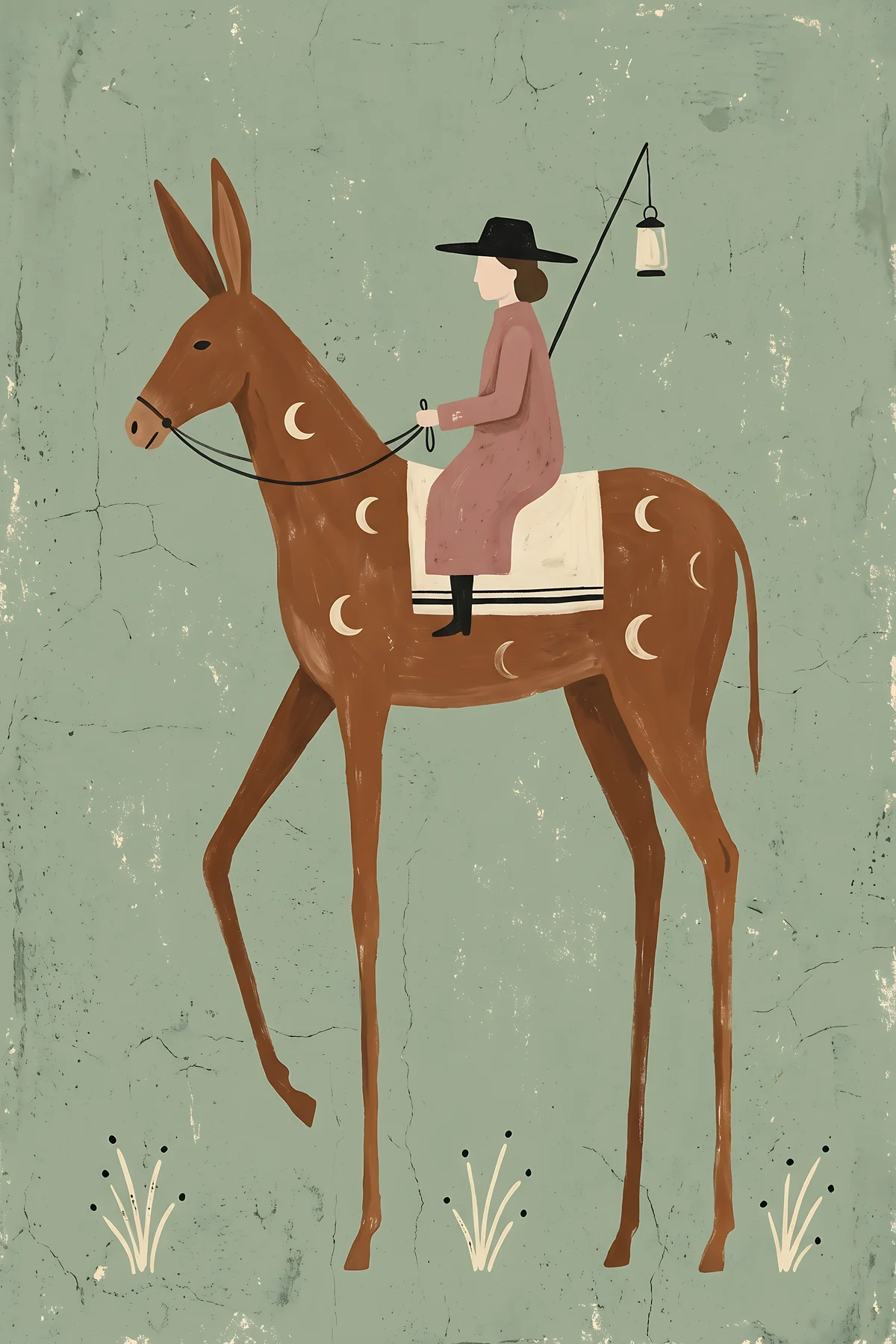Lantern Bearer, Chalk: The loosest of the three: a mule on stilt legs, a rider in rose, the lantern on a reed, a pale chalk-green ground.