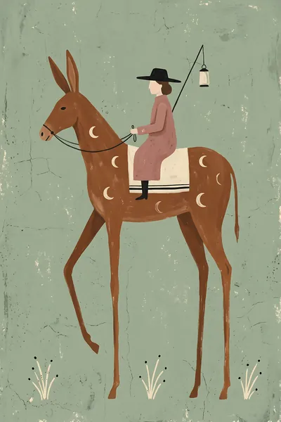 Lantern Bearer, Chalk, The loosest of the three: a mule on stilt legs, a rider in rose, the lantern on a reed, a pale chalk-green ground.