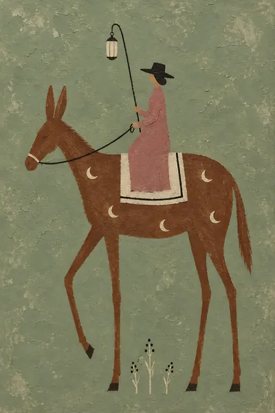 Lantern Bearer, Sage, A chestnut mule on a sage plaster wall, a rider in a dusty rose coat and black hat, a lantern held high.